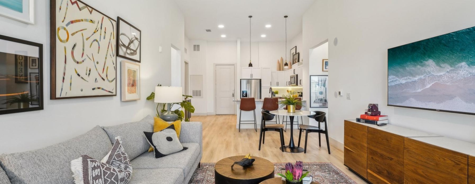 a living room with a couch and a coffee table