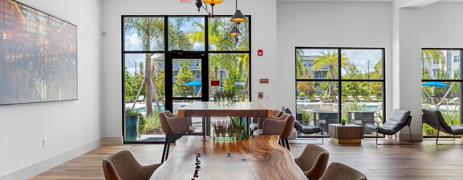a dining room with a large window