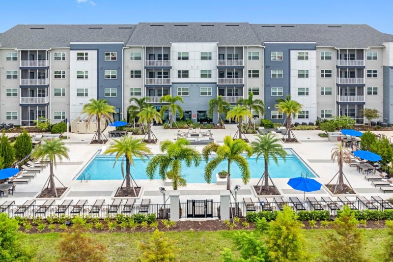 a pool in front of a building